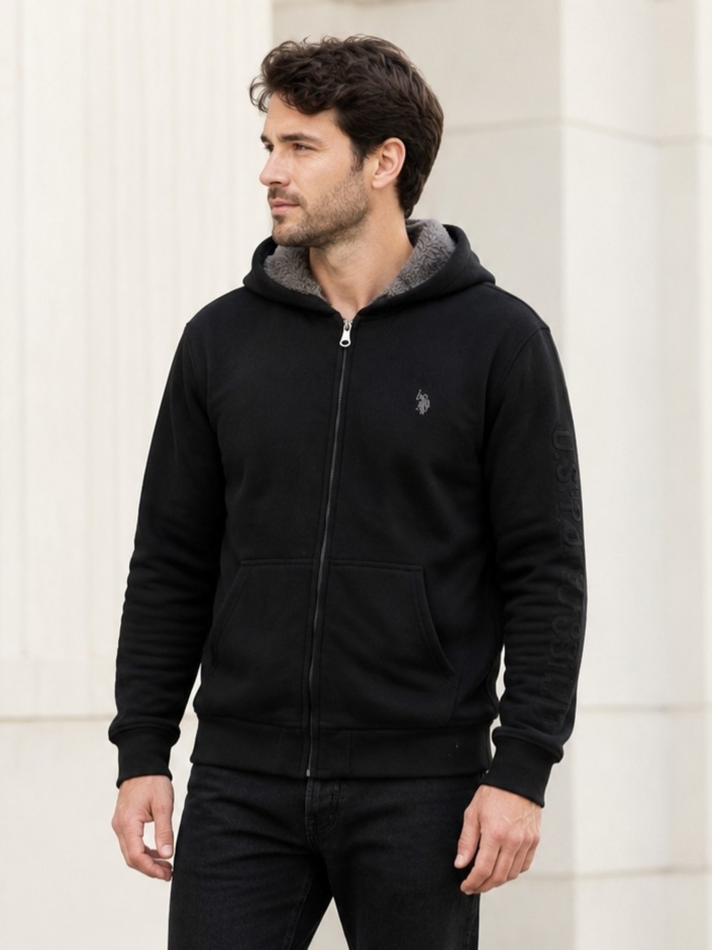 U.S. Polo Assn Hoodie L Black Sherpa-Lined Cozy Athleisure Streetwear Sporty